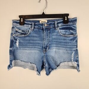 Kensie Jeans Women's The High Rise Short Size 8/29 Distressed Blue Denim Raw Hem
